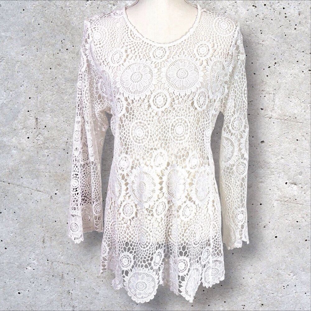 Calessa Crocheted Lace Tunic Top Boho Coastal Beach Womens Small White